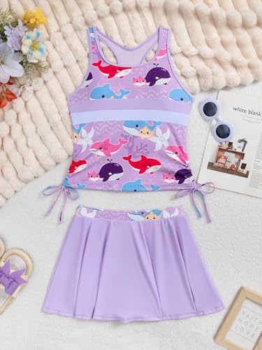 Girls' 2-Piece Tankini Swimsuit with Skirt - Purple Fish, 13-14 Years