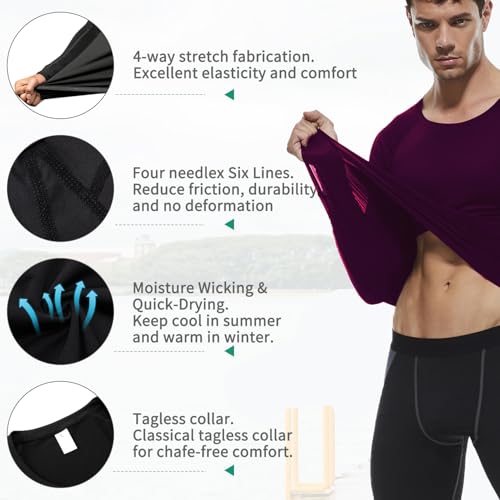 Men's Long Sleeve Compression Shirt - Athletic Base Layer Top - Maroon, Medium