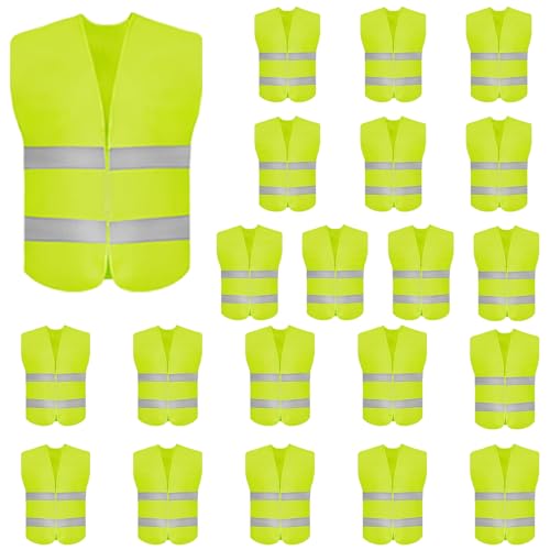 DUSKCOVE 20 Pack High Visibility Safety Vest for Traffic Work, Running, Surveyor and Security Guard - Construction Vest with 2 Reflective Strips, Made from Breathable Neon Yellow Mesh Fabric