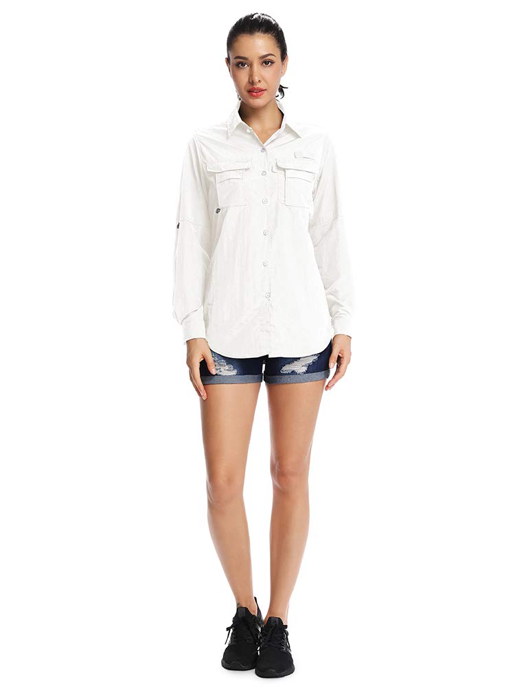 Jessie Kidden Womens Safari Shirts Sun Protection Sun Clothes for Women Outdoor Quick Dry Fishing Hiking Gardening Shirts (5055 White M)