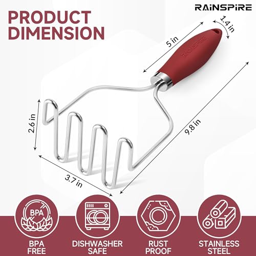 Stainless Steel Potato Masher with Non-Slip Handle - Red