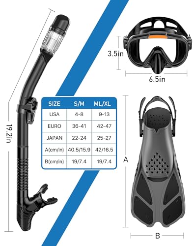 4-in-1 Snorkeling Gear Set for Adults - Mask, Snorkel & Fins - Black ML/XL