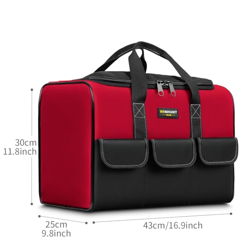 Tool Bags for Men, 17inch Tool Bag Organizer with 6Pockets, Waterproof 600D Fabric Cloth, 16.9 x 11.8 x 9.8 inches, Red and Black, Double Zipper