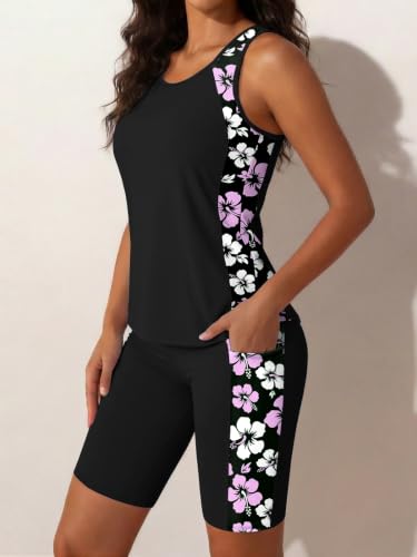 Tidal Hull Women's Tankini Swimsuit with Shorts - Light Purple Floral Print, Tummy Control