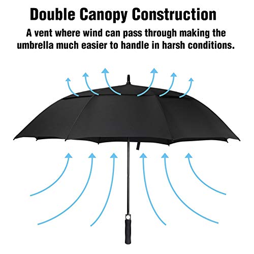Windproof Golf Umbrella - 62 Inch Double Canopy - Black
