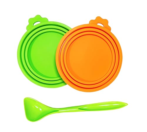 Pet Food Can Covers - Silicone Lids for Dogs & Cats - Green & Orange with Spoon