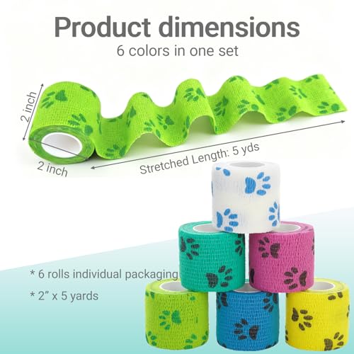 Self-Adhering Bandage Wrap for Dogs - 6 Rolls, 6 Colors