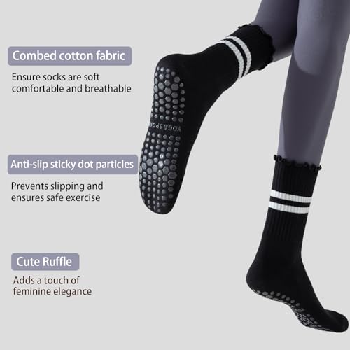 Pilates Socks with Grips - 3 Pairs Non-Slip Ruffle Ankle - White/Black