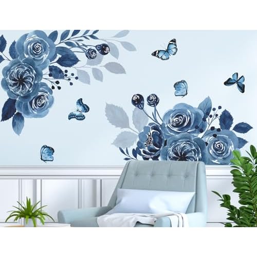 Flower Wall Decals - Blue Peony, Butterfly Rose, Floral Peel and Stick Removable Vinyl Decor for Girls Bedroom, Living Room, Kids Room