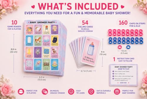 Bilingual Baby Shower Bingo Kit - 10 Players, 54 Cards & Boards