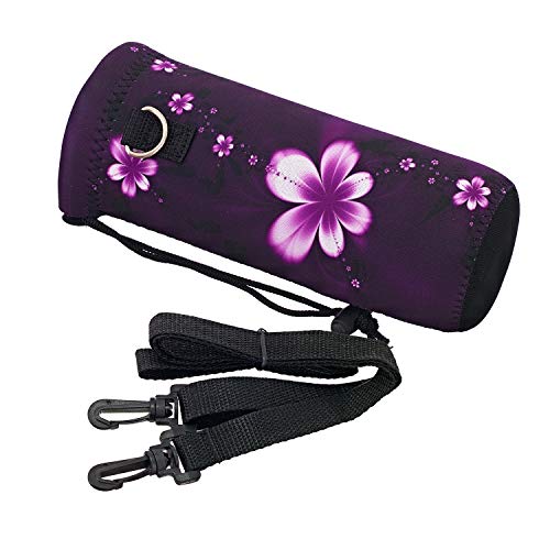 Neoprene Water Bottle Carrier Bag - Adjustable Strap, 500ml Purple Flowers
