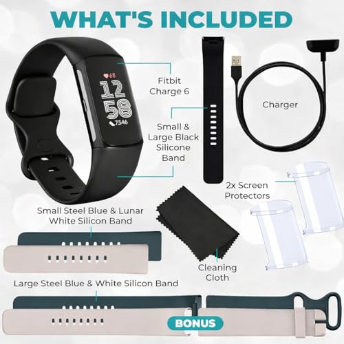 Fitbit Charge 6 Fitness Tracker Bundle - Black/Obsidian with Charger & Cloth