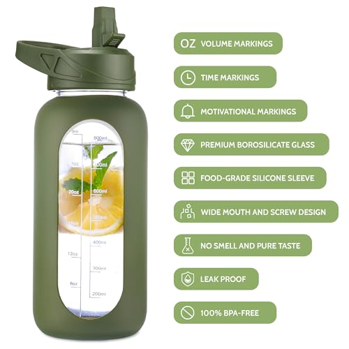 CIVAGO 32 oz Insulated Glass Water Bottle with Straw & Black Holder