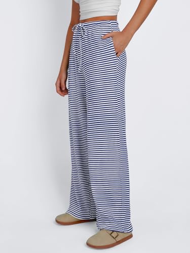 Trendy Queen Women’s Blue White Striped Wide Leg Pants Medium Fall Casual Baggy Sweatpants