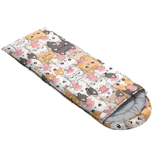 QOOMO Kawaii Cat 3-Season Camping Sleeping Bag, 31x90 in, Waterproof, 3 lb