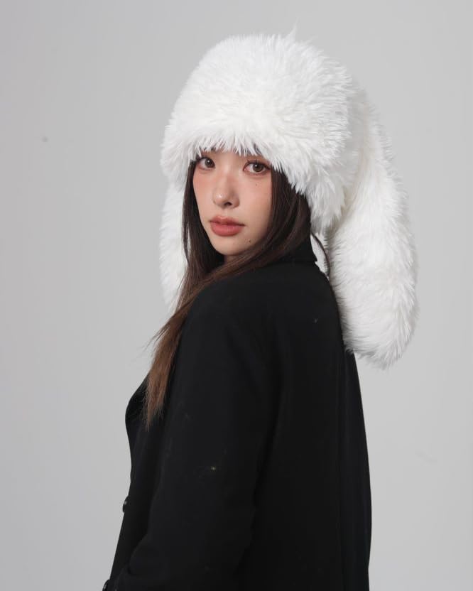 Y2K Fuzzy Bunny Hat for Women – White One Size Beanie with Ears (Henwasai)