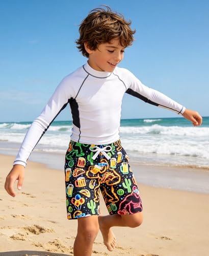Boys Swim Trunks with Compression Liner - Neon Happy Gorilla, 10-12 Years