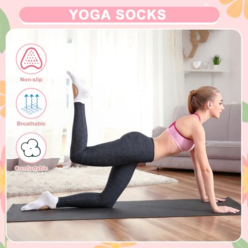 Non-Slip Yoga Socks for Women - Pilates Grip Socks - 4 Pack Pink White Black