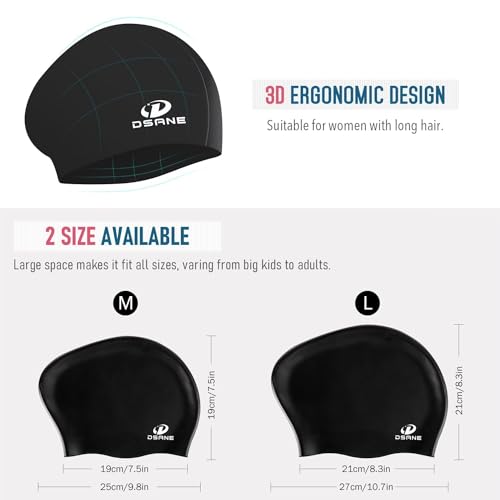 Silicone Swim Cap for Long Hair - Ergonomic Design with Ear Plugs & Nose Clip - Black, Medium