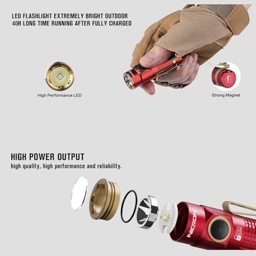 NICRON Mini Flashlight, 1200 lumens Rechargeable led flashlights high lumens with Clip on Flashlight, Tactical flashlights with Magnet, Waterproof EDC Flashlight for Emergencies Camping Outdoor (Red)