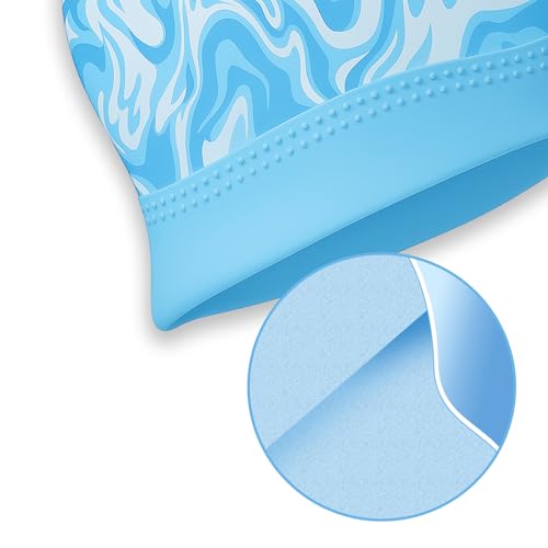 Silicone Swim Cap for Women - Stylish Marble Print, 2 Pack - Blue & Green