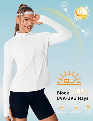 TBMPOY Women's UPF 50+ Sun Protection Lightweight Zip Jacket - White, Medium