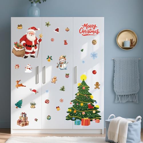 Christmas Wall Decals Removable - Winter Peel and Stick Window Clings, 6-Sheet Set with Snowman, Santa Claus, Large Christmas Tree Designs for Home, Office, Bedroom, Living Room, Party Winter Decor
