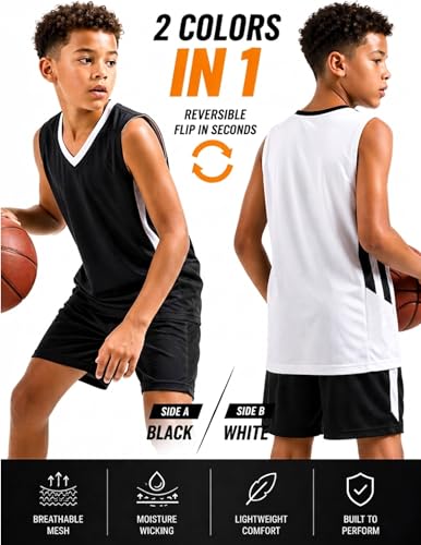 Reversible Boys Basketball Jerseys - Mesh Sleeveless Shirts, Medium Black/White