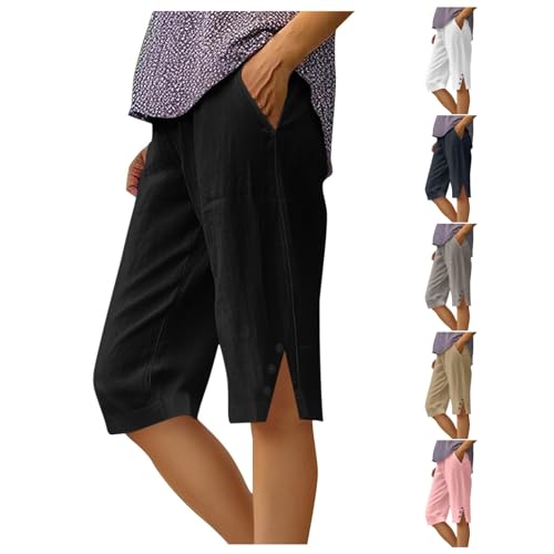 Knee Length Linen Shorts for Women - Black, X-Large