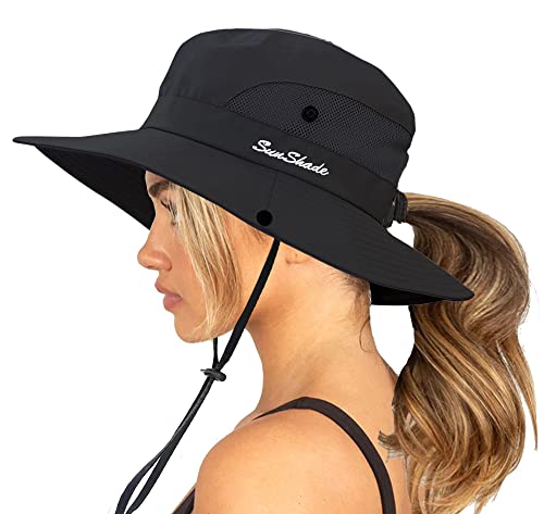 Women's Foldable Beach Bucket Hat with Ponytail Hole - Medium Black