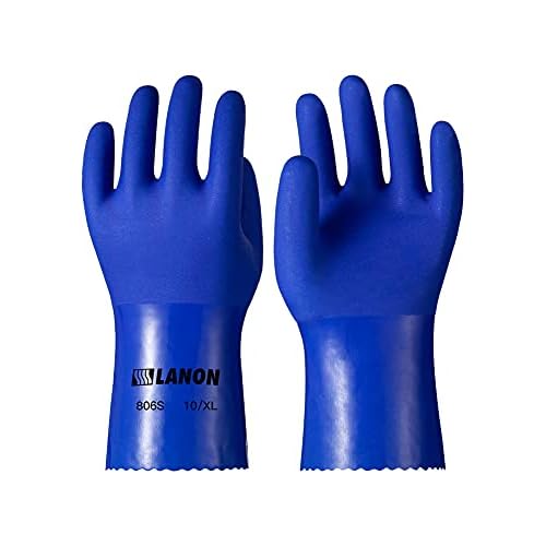 LANON 6 Pairs PVC Chemical Resistant Gloves, Heavy-Duty Rubber Gloves, Acid, Alkali and Oil Protection, Non-Slip, Blue, Large