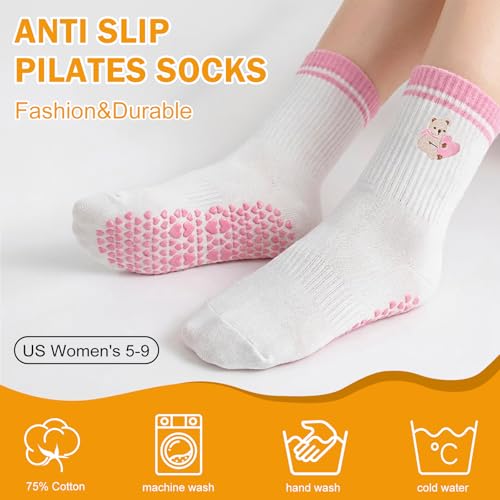 Anti-Slip Pilates Socks for Women - Breathable Yoga Socks - Pink Bear