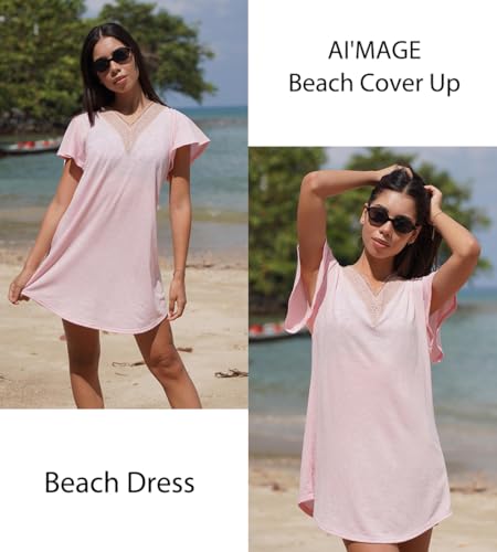 Women's V-Neck Beach Swimsuit Cover Up - Pink, Medium