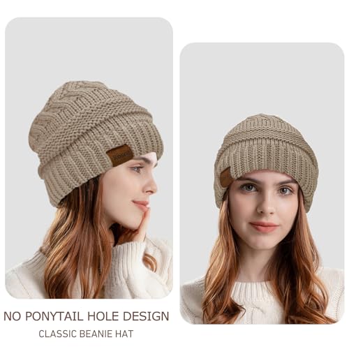 Winter Ponytail Beanie for Women - Soft Stretch Cable Knit Hat
