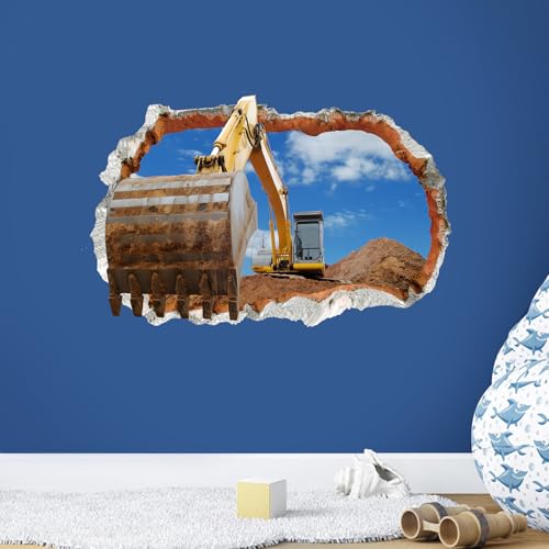 iinuu 3D Excavator Wall Decal, Construction Truck Crashing Through Wall Sticker for Boys¡¯ Room, Nursery or Playroom, Smashed Concrete Effect Wall Art