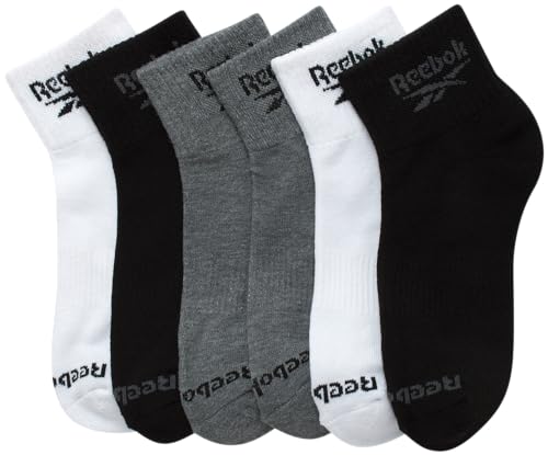 Reebok Boys Performance Quarter Socks 6 Pack Large Black Grey White Kids Athletic Socks