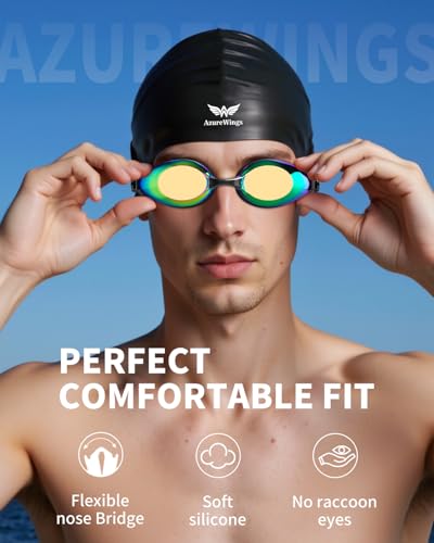 AzureWings Adult Swim Goggles and Cap Set - Anti-Fog Leakproof UV Protection