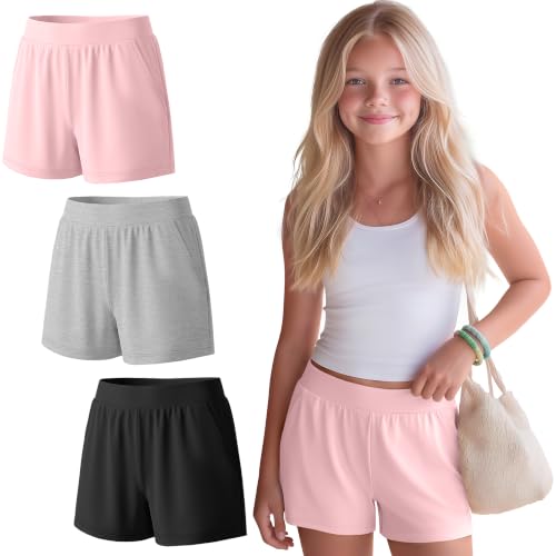 Girls Athletic Shorts - 3 Pack, Light Pink, Gray, Black, 15-16 Years