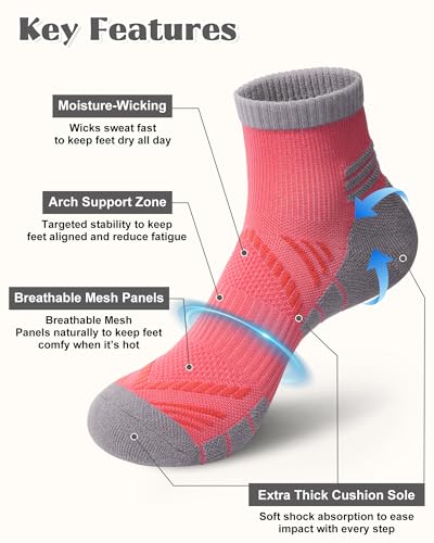 Quarter Hiking Socks for Women - Ankle Compression Socks, 5 Pairs - Blue, Red, Purple, Green, Pale Yellow