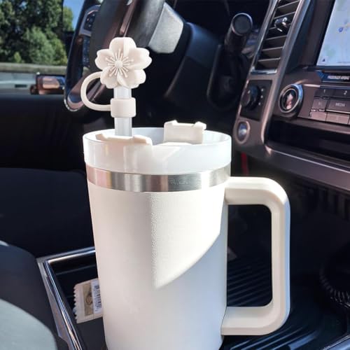 Rokhevn White Flower Silicone Straw Cover for Stanley 30Oz & 40Oz Tumblers, 9-10mm Diameter, Dust-Proof & Splash-Proof