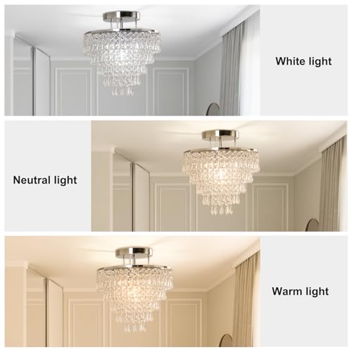 FRIXCHUR 11.8" Crystal Chandelier Chrome Flush Mount Ceiling Light 5 Tiers Raindrops Silver Chandeliers for Bedroom Hallway Living Room,E26 Base