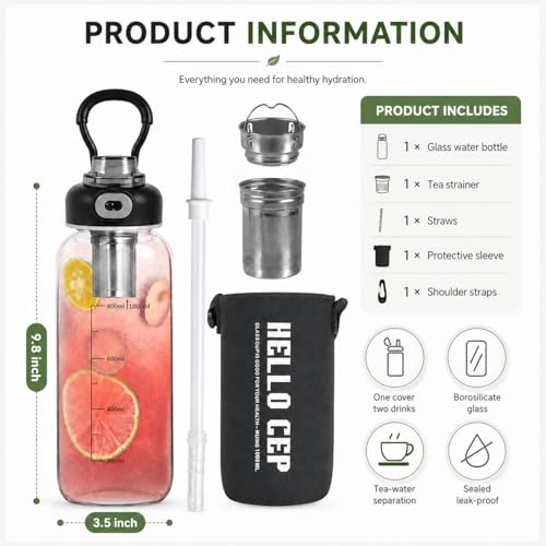 Wangsdjy 34oz Glass Water Bottle with Straw & Infuser - BPA-Free, Large Capacity, Protective Sleeve, 1PCS