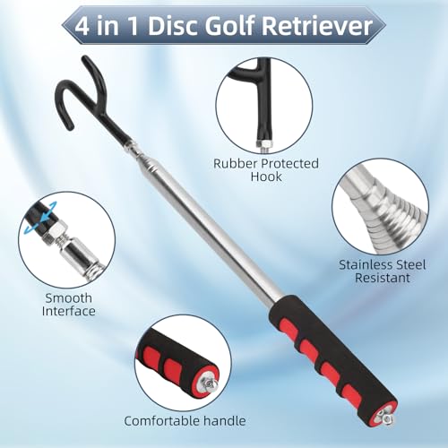 Ebrima 10ft Extendable Disc Golf Retriever with 3 Hooks - Stainless Steel Water & Tree Disc Grabber