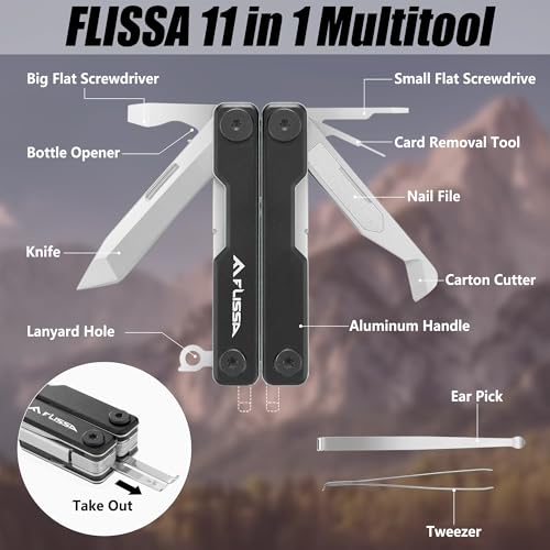 FLISSA Black 11-in-1 Foldable Multitool Scissors with Knife and Accessories