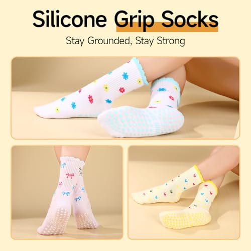 Pilates Grip Socks for Women - Non-Slip Cotton Yoga Socks - 6 Pairs Pink+Blue+Yellow