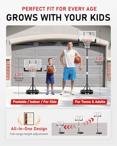 Kids Basketball Hoop - Adjustable 3.2-7.2FT with 29 Inch Backboard - White