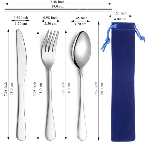 Portable Stainless Steel Flatware Set - Reusable Camping Cutlery - Blue Bag