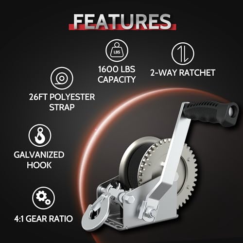1600 Lb Boat Trailer Winch, 4:1 Gear, 26ft Polyester Strap, Hand Crank