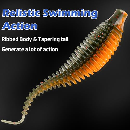 Bombrooster 4.75-20pcs Soft Plastic Worms Kit: Finesse Stick Worms & Ribbed Swimbait