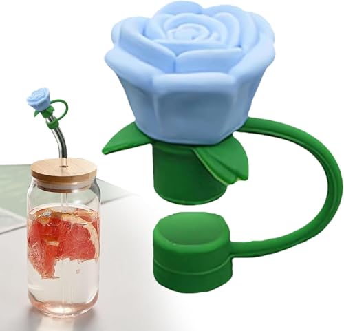 10mm Rose Flower Straw Covers - Blue Silicone Dust Caps for Stanley Cup